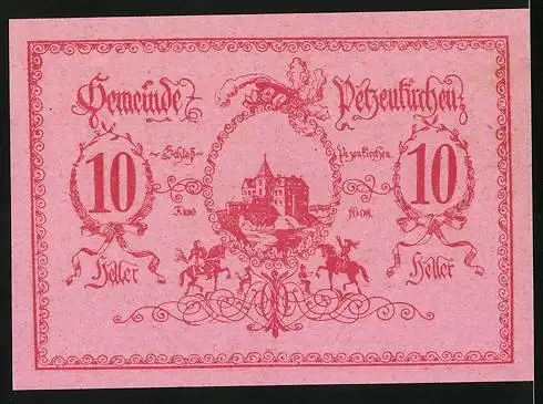 Notgeld Petzenkirchen 1920, 10 Heller, Stadtansicht und Reiter vor Schloss