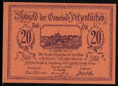 Notgeld Petzenkirchen 1920, 20 Heller, Stadtansicht und Burg mit Reitern