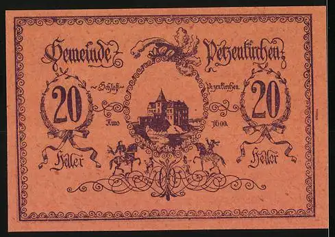 Notgeld Petzenkirchen 1920, 20 Heller, Stadtansicht und Burg mit Reitern