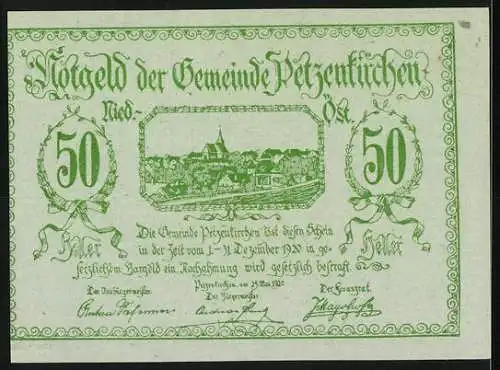 Notgeld Petzenkirchen 1920, 50 Heller, Schloss und Dorfszene, grünem Ornamentrahmen