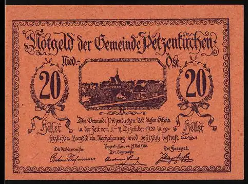 Notgeld Petzenkirchen 1920, 20 Heller, Stadtansicht und Schloss mit Reitern