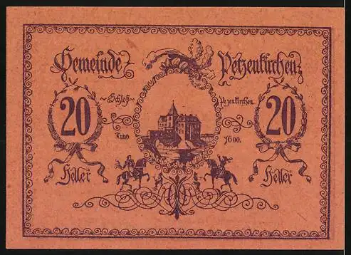 Notgeld Petzenkirchen 1920, 20 Heller, Stadtansicht und Schloss mit Reitern