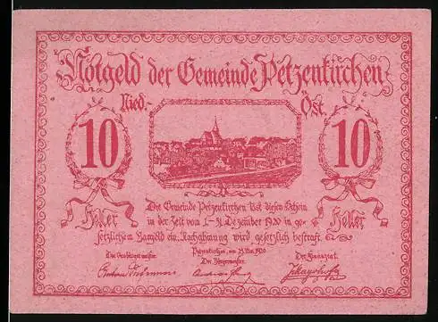 Notgeld Petzenkirchen, 10 Heller, Stadtansicht und Burg mit Reitern