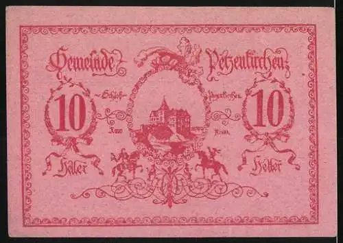 Notgeld Petzenkirchen, 10 Heller, Stadtansicht und Burg mit Reitern