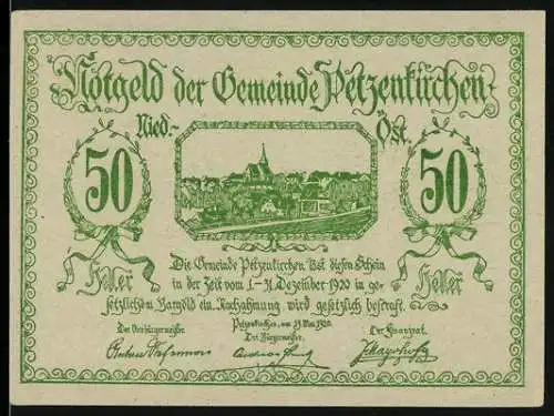 Notgeld Petzenkirchen 1920, 50 Heller, Stadtansicht und Reiter mit Schloss-Motiv