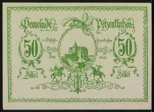 Notgeld Petzenkirchen 1920, 50 Heller, Stadtansicht und Reiter mit Schloss-Motiv