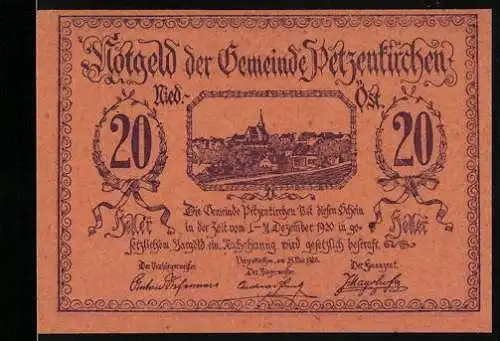 Notgeld Petzenkirchen 1920, 20 Heller, Stadtansicht und Schloss mit Reitermotiv