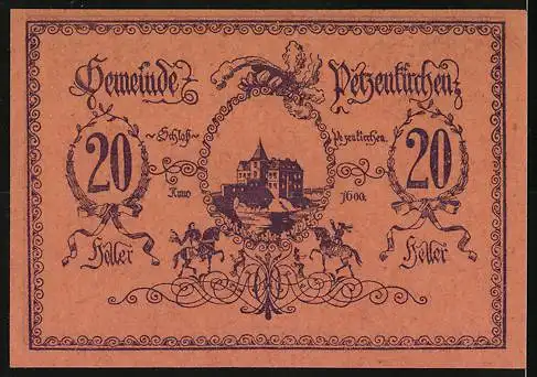 Notgeld Petzenkirchen 1920, 20 Heller, Stadtansicht und Schloss mit Reitermotiv