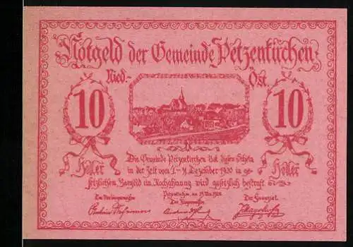 Notgeld Petzenkirchen 1920, 10 Heller, Stadtansicht und Reiter mit Burg