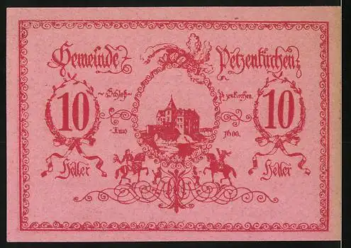 Notgeld Petzenkirchen 1920, 10 Heller, Stadtansicht und Reiter mit Burg