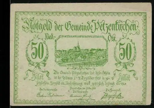 Notgeld Petzenkirchen 1920, 50 Heller, Stadtansicht und Schloss Petzenkirchen, grüne Verzierung