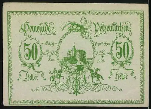 Notgeld Petzenkirchen 1920, 50 Heller, Stadtansicht und Schloss Petzenkirchen, grüne Verzierung