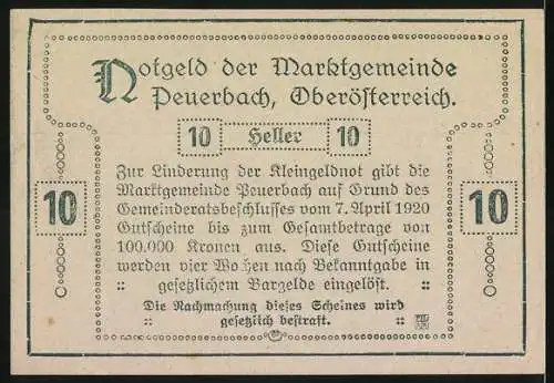 Notgeld Peuerbach 1920, 10 Heller, Stadtansicht und Gebäude, mit Wappen und Seriennummer