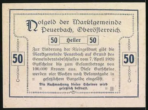 Notgeld Peuerbach 1920, 50 Heller, Stadtansichten und Wappen, Markt-Gemeinde Peuerbach, Oberösterreich