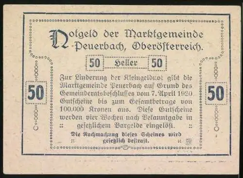 Notgeld Peuerbach 1920, 50 Heller, Stadtansichten und Wappen der Markt-Gemeinde Peuerbach