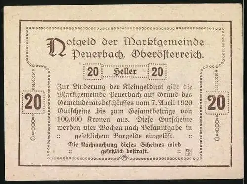 Notgeld Peuerbach 1920, 20 Heller, historische Stadtansichten, Wappen der Markt-Gemeinde Peuerbach