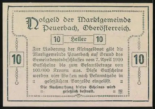 Notgeld Peuerbach 1920, 10 Heller, Stadtansicht mit Kirche und Gebäuden, Wappen der Marktgemeinde Peuerbach