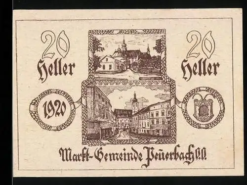 Notgeld Peuerbach 1920, 20 Heller, Stadtansichten und Wappen der Marktgemeinde Peuerbach