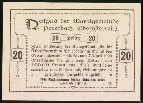 Notgeld Peuerbach 1920, 20 Heller, Stadtansichten und Wappen der Marktgemeinde Peuerbach