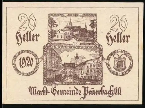 Notgeld Peuerbach 1920, 20 Heller, Stadtansichten und Wappen von Peuerbach