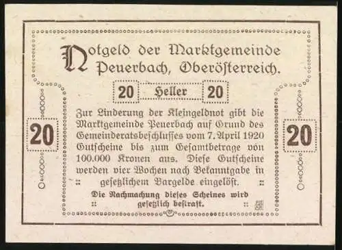 Notgeld Peuerbach 1920, 20 Heller, Stadtansichten und Wappen von Peuerbach