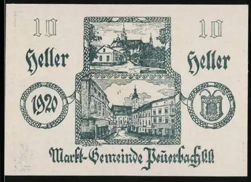 Notgeld Peuerbach 1920, 10 Heller, Stadtansichten und Wappen