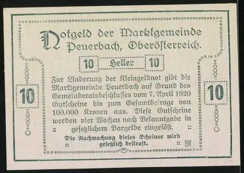 Notgeld Peuerbach 1920, 10 Heller, Stadtansichten und Wappen