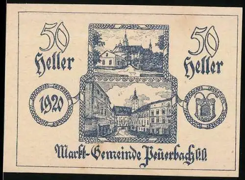 Notgeld Peuerbach 1920, 50 Heller, Stadtansichten und Wappen, Oberösterreich