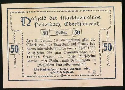 Notgeld Peuerbach 1920, 50 Heller, Stadtansichten und Wappen, Oberösterreich