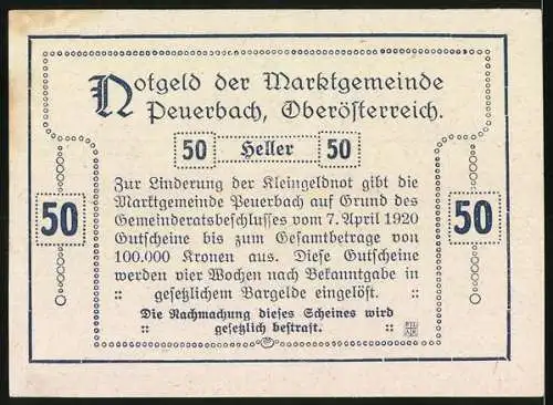 Notgeld Peuerbach 1920, 50 Heller, Ansichten von Peuerbach, Wappen und Ornamentrahmen