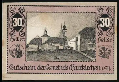 Notgeld Pfarrkirchen, 30 Heller, Stadtansicht mit Wappen und Gedicht von N. Hannieder