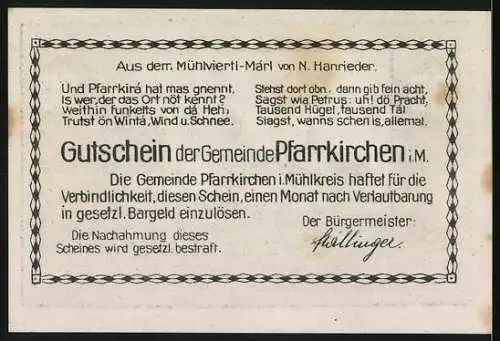 Notgeld Pfarrkirchen, 30 Heller, Stadtansicht mit Wappen und Gedicht von N. Hannieder