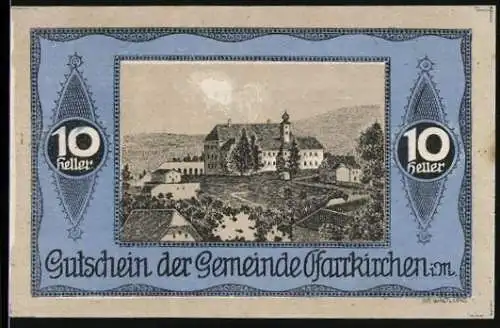 Notgeld Pfarrkirchen, 10 Heller, Landschaftsansicht mit Gebäuden und Gedicht von N. Hannieder