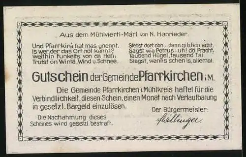 Notgeld Pfarrkirchen, 10 Heller, Landschaftsansicht mit Gebäuden und Gedicht von N. Hannieder