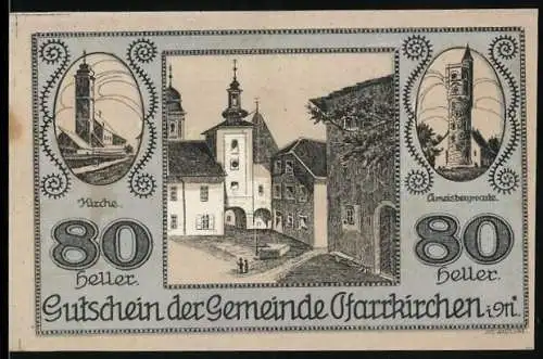 Notgeld Pfarrkirchen 1921, 80 Heller, Stadtansicht mit Kirche und Amtsturm