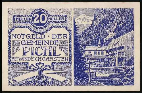 Notgeld Pichl bei Windischgarsten 1920, 20 Heller, Landschaft mit Gebäuden und Bergen im Hintergrund