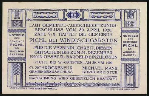 Notgeld Pichl bei Windischgarsten 1920, 20 Heller, Landschaft mit Gebäuden und Bergen im Hintergrund