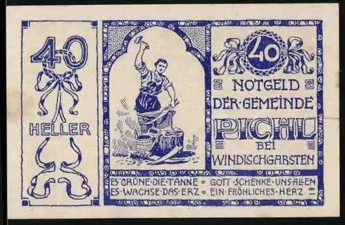 Notgeld Pichl bei Windischgarsten 1920, 40 Heller, Schmiedemotiv und Inschrift