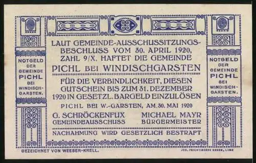 Notgeld Pichl bei Windischgarsten 1920, 40 Heller, Schmiedemotiv und Inschrift