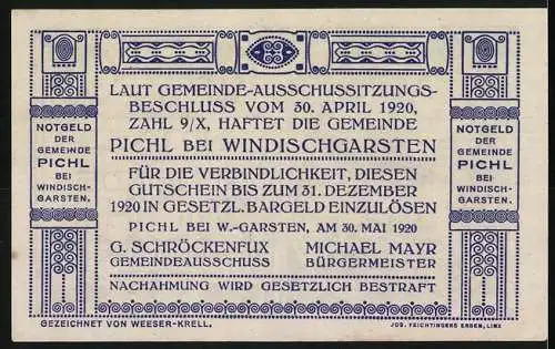 Notgeld Pichl bei Windischgarsten 1920, 60 Heller, Flusslandschaft mit Holzsteg und Felsen