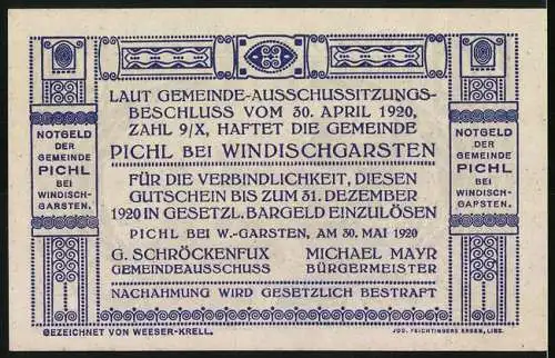 Notgeld Pichl bei Windischgarsten 1920, 80 Heller, Müller an der Presse in einem Weinkeller