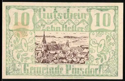 Notgeld Pinsdorf 1920, 10 Heller, Landschaft mit Kirche und Dorfansicht