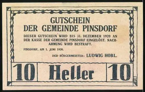 Notgeld Pinsdorf 1920, 10 Heller, Landschaft mit Kirche und Dorfansicht