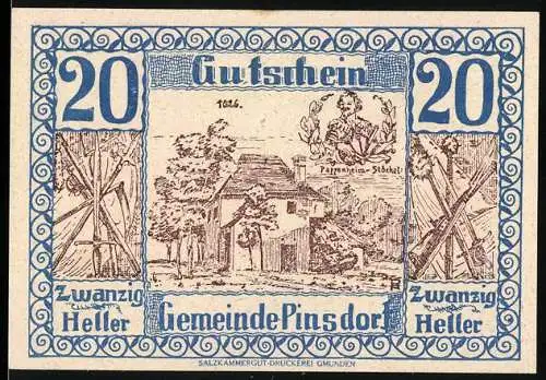 Notgeld Pinsdorf 1920, 20 Heller, ländliche Szene mit Gebäude und Wappen, dekorative Muster