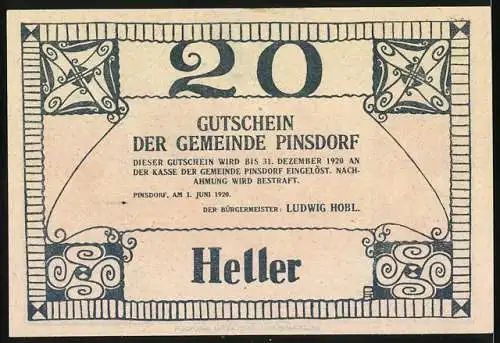 Notgeld Pinsdorf 1920, 20 Heller, ländliche Szene mit Gebäude und Wappen, dekorative Muster