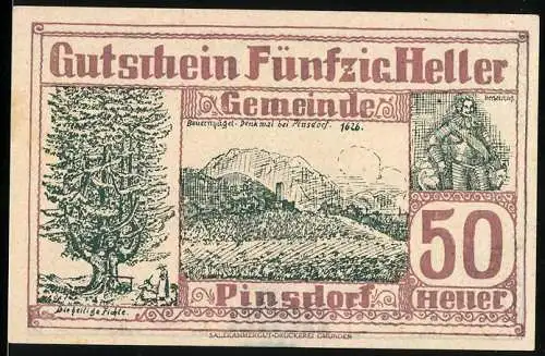 Notgeld Pinsdorf 1920, 50 Heller, Bauernkriegsdenkmal 1626, Fichte und historische Figur