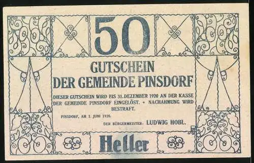 Notgeld Pinsdorf 1920, 50 Heller, Bauernkriegsdenkmal 1626, Fichte und historische Figur