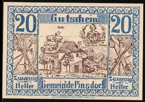 Notgeld Pinsdorf 1920, 20 Heller, Pfarrheim-Stöckl und ländliche Szene