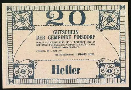 Notgeld Pinsdorf 1920, 20 Heller, Pfarrheim-Stöckl und ländliche Szene