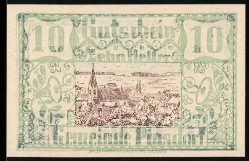 Notgeld Pinsdorf 1920, 10 Heller, Stadtansicht mit Kirche und Landschaft